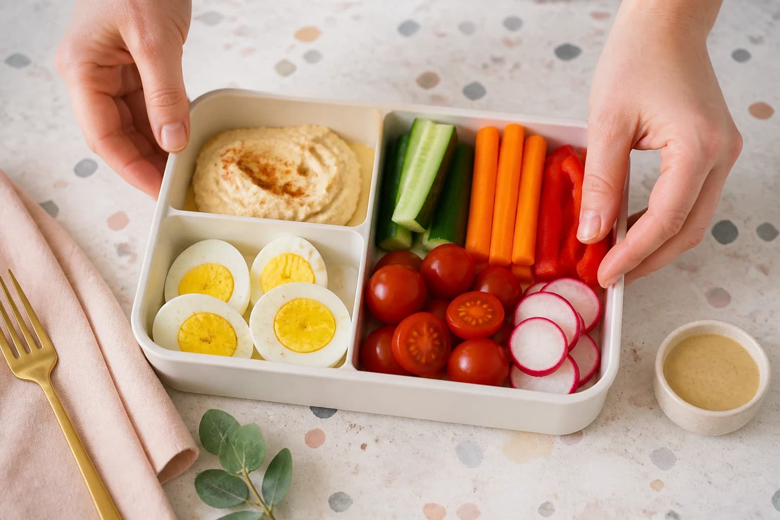 Etape 4 : Assembler et conserver les box — Box œufs durs, houmous & crudités fraîches