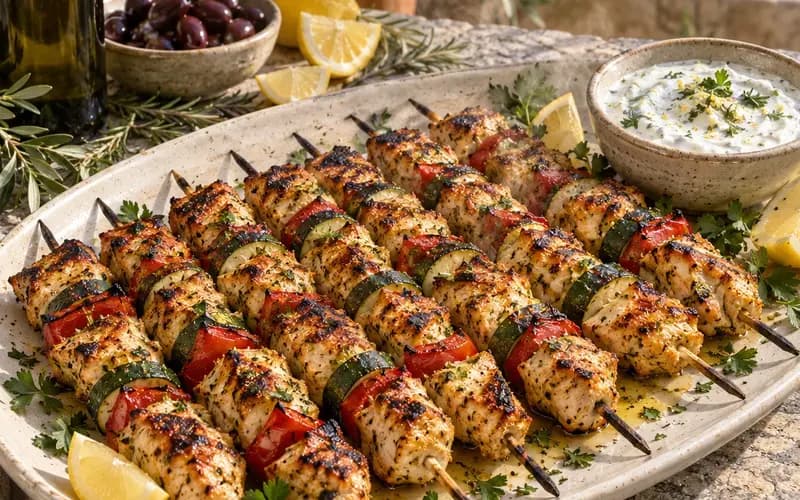 Brochettes de poulet mariné au citron et au yaourt avec poivron et courgette grillés