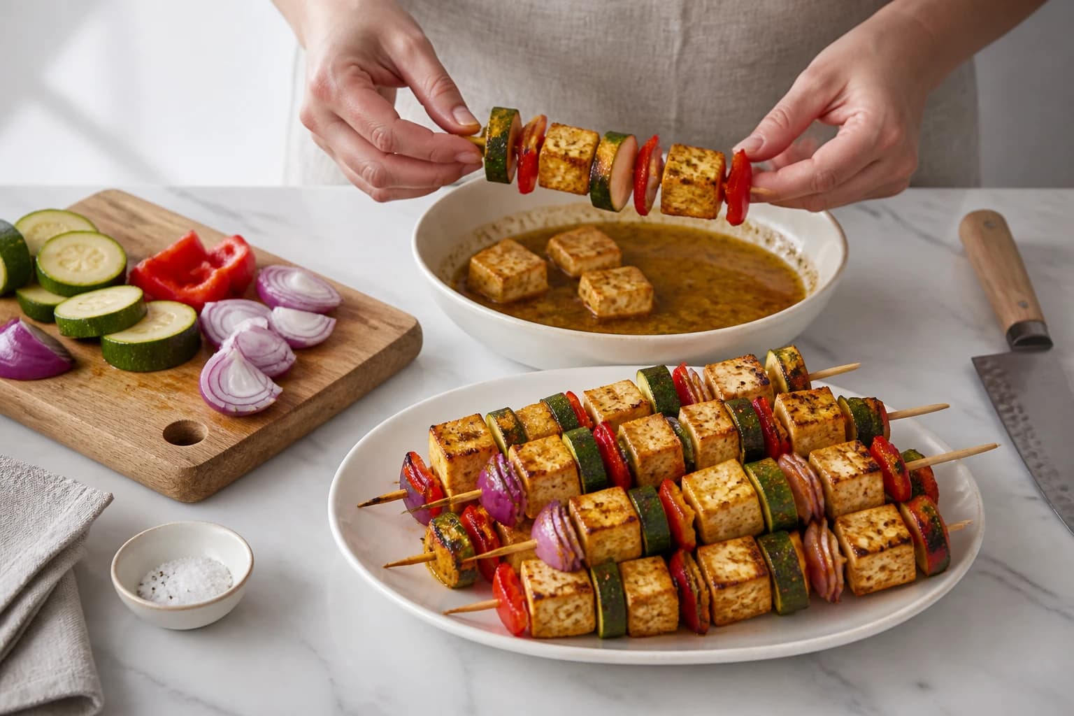 Etape 3 : Monter les brochettes — Brochettes de tofu mariné dorées au grill