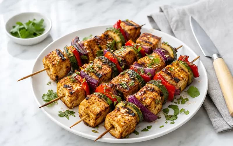 Brochettes de tofu mariné et légumes grillés, cubes de tofu doré, courgette et poivron sur assiette blanche