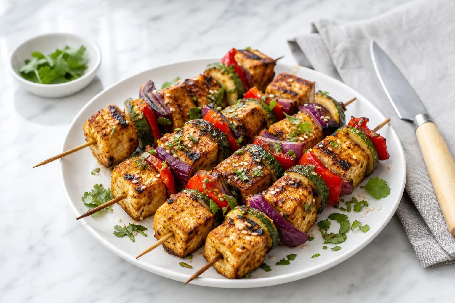 Brochettes de tofu mariné dorées au grill