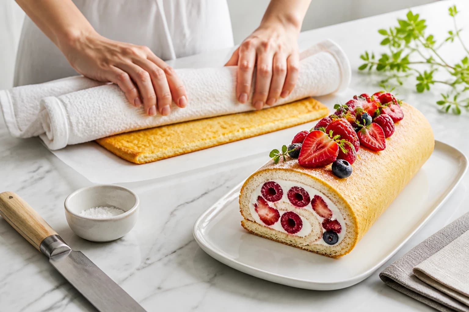 Etape 2 : Cuire et rouler la génoise — Bûche fromage blanc fruits rouges sans sucre