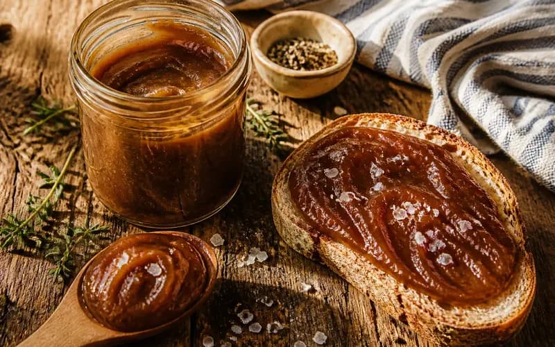Caramel de dattes vegan ambré et soyeux dans un pot en verre, parsemé de fleur de sel