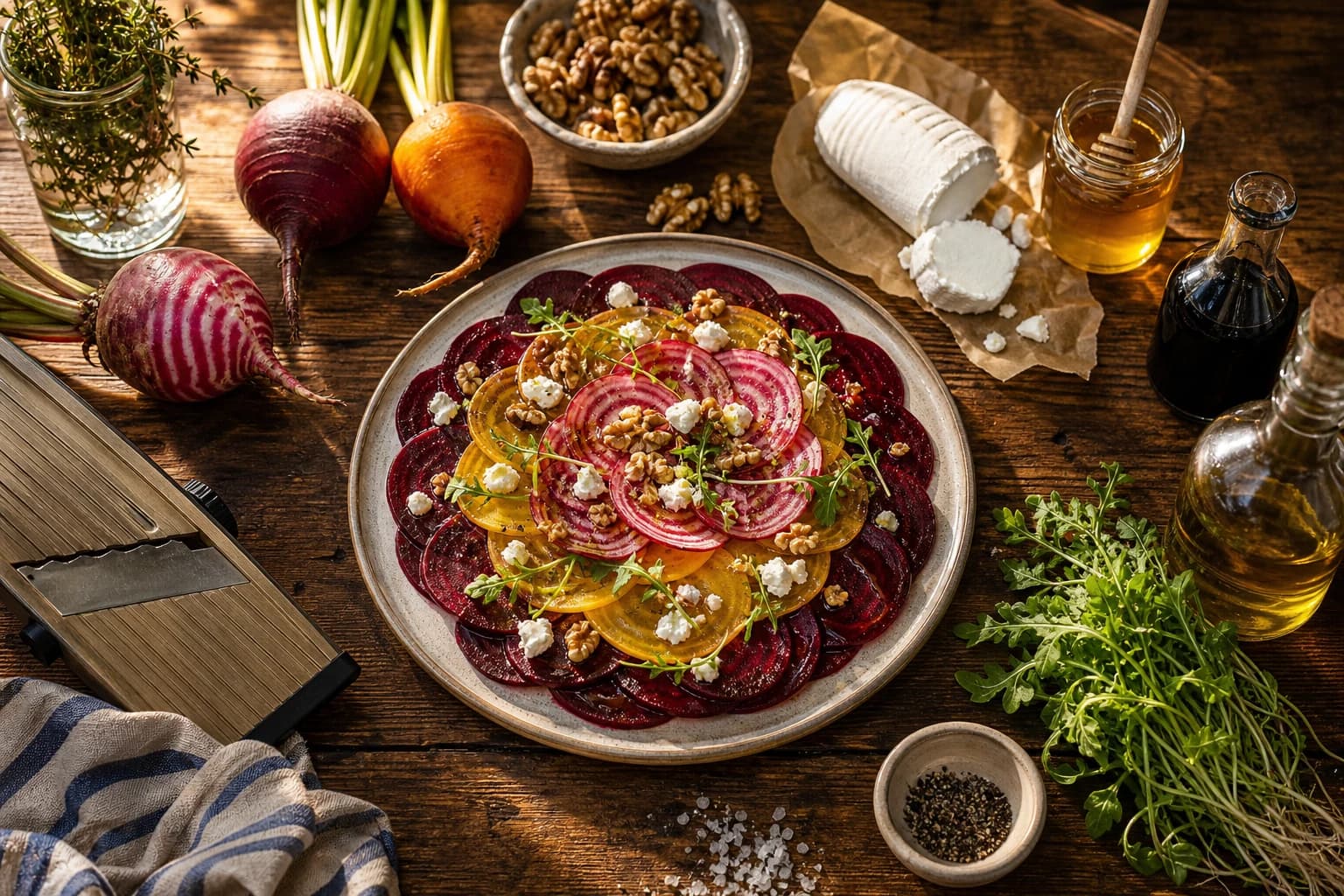 Carpaccio de betterave crue chèvre frais et noix toastées vue du dessus avec vinaigrette miel-balsamique