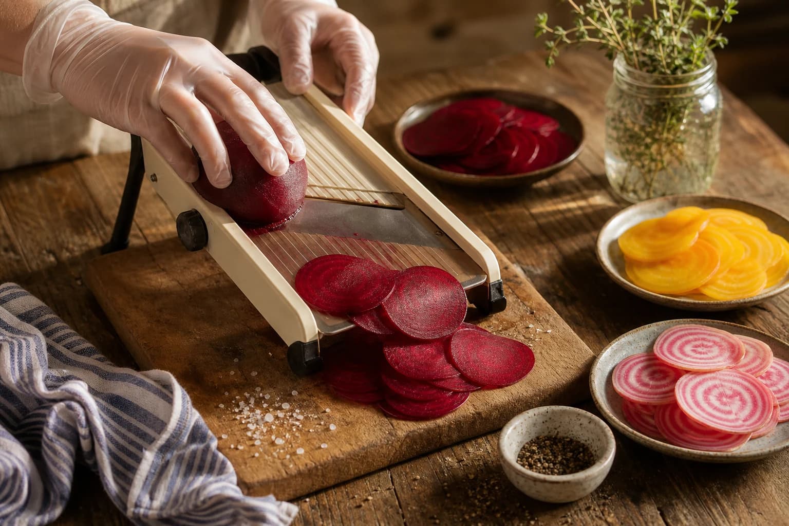 Etape 2 : Tailler les betteraves à la mandoline — Carpaccio de betterave, chèvre & noix