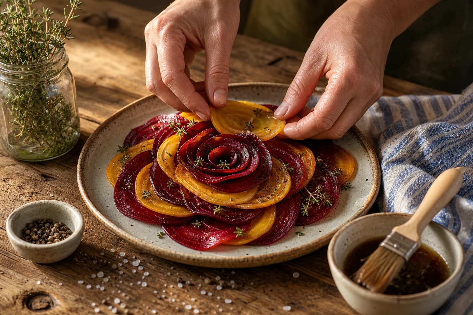 Etape 3 : Dresser le carpaccio en rosace — Carpaccio de betterave, chèvre & noix