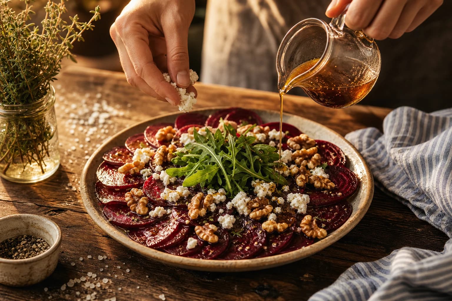 Etape 4 : Ajouter le chèvre, les noix et les jeunes pousses — Carpaccio de betterave, chèvre & noix