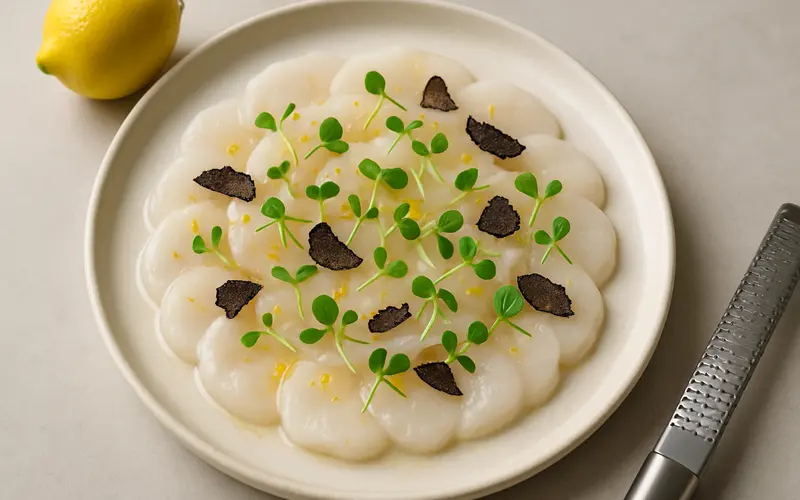 Carpaccio de Saint-Jacques à la truffe, recette française présentée dans une assiette