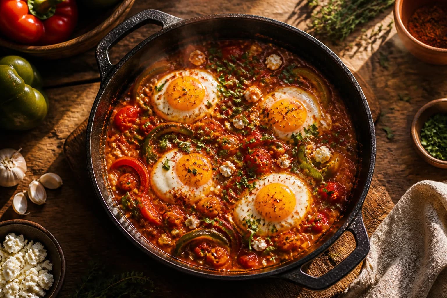 Chakchouka aux poivrons grillés vue de dessus avec œufs pochés et coriandre fraîche, style méditerranéen