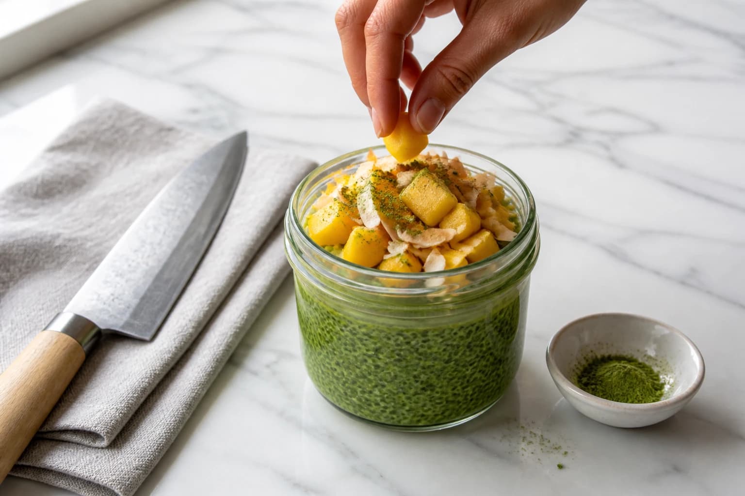 Etape 4 : Garnir et présenter le matin — Chia pudding matcha : la recette zen en 5 min sans cuisson