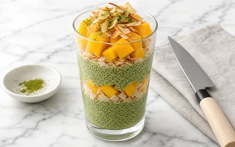 Verrine de chia pudding matcha vert émeraude, garnie de dés de mangue fraîche et de noix de coco râpée grillée