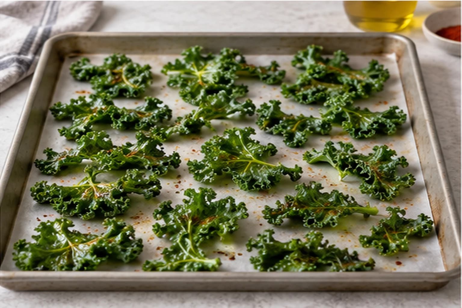 Etape 3 : Étaler en une seule couche — Chips de chou kale au four légères