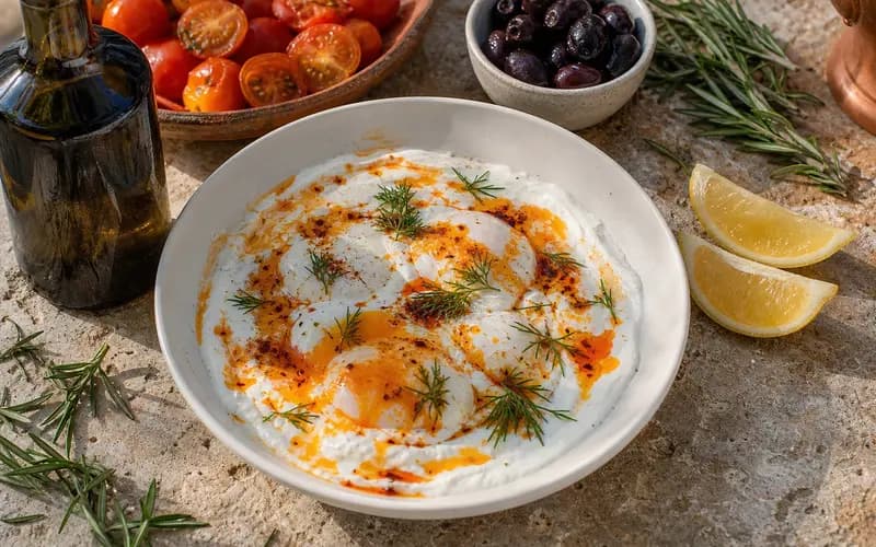 Çılbır turc dans une assiette en céramique blanche, oeufs pochés blancs sur crème de yaourt au lait entier, nappés de beurre rouge au piment d'Alep