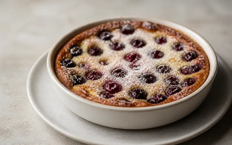 Clafoutis cerises sans sucre du Limousin, recette française présentée dans une assiette