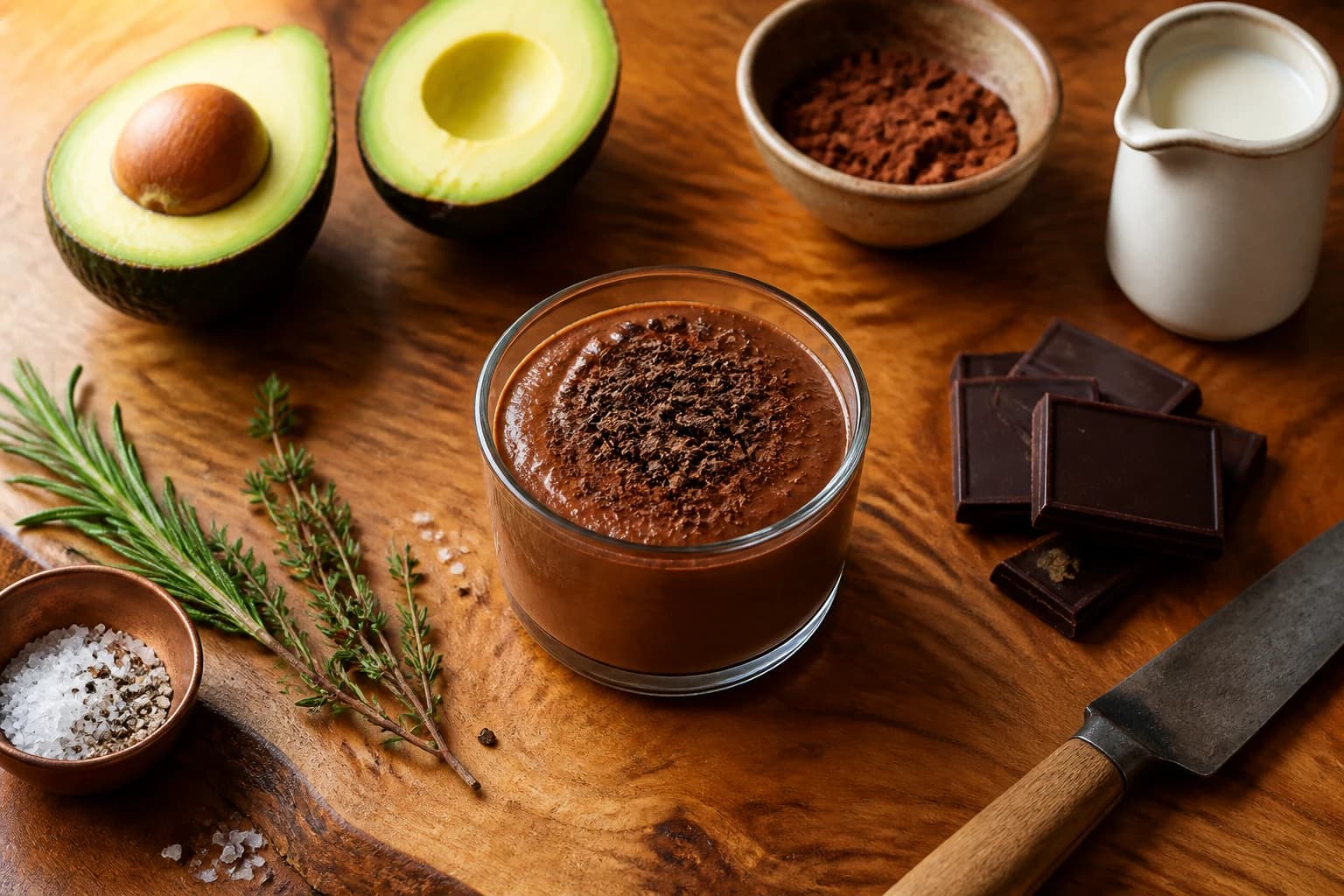 Crème dessert chocolat avocat sans sucre dressée en verrines, entourée d'avocats, de cacao et de chocolat noir