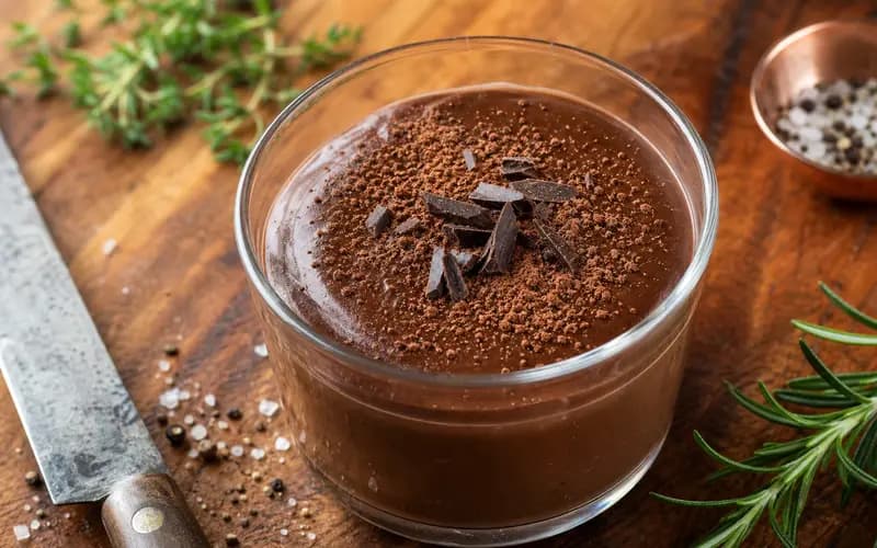 Crème dessert chocolat avocat sans sucre, fondante et brillante dans une verrine, parsemée de cacao en poudre