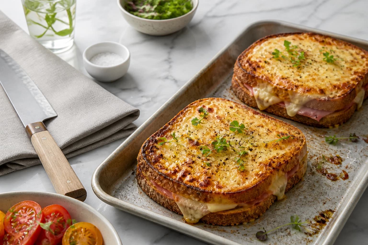 Etape 4 : Enfourner jusqu'au gratiné doré — Croque léger pain complet jambon fromage
