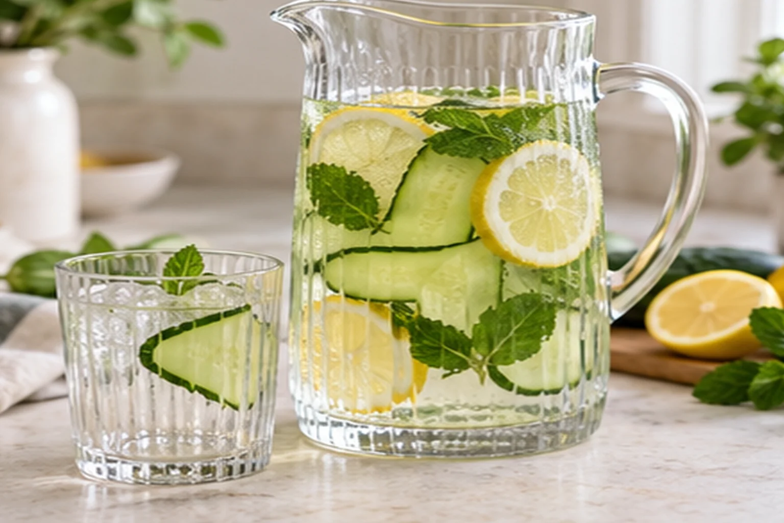 Carafe d'eau infusée avec rondelles de concombre, citron jaune et feuilles de menthe fraîche