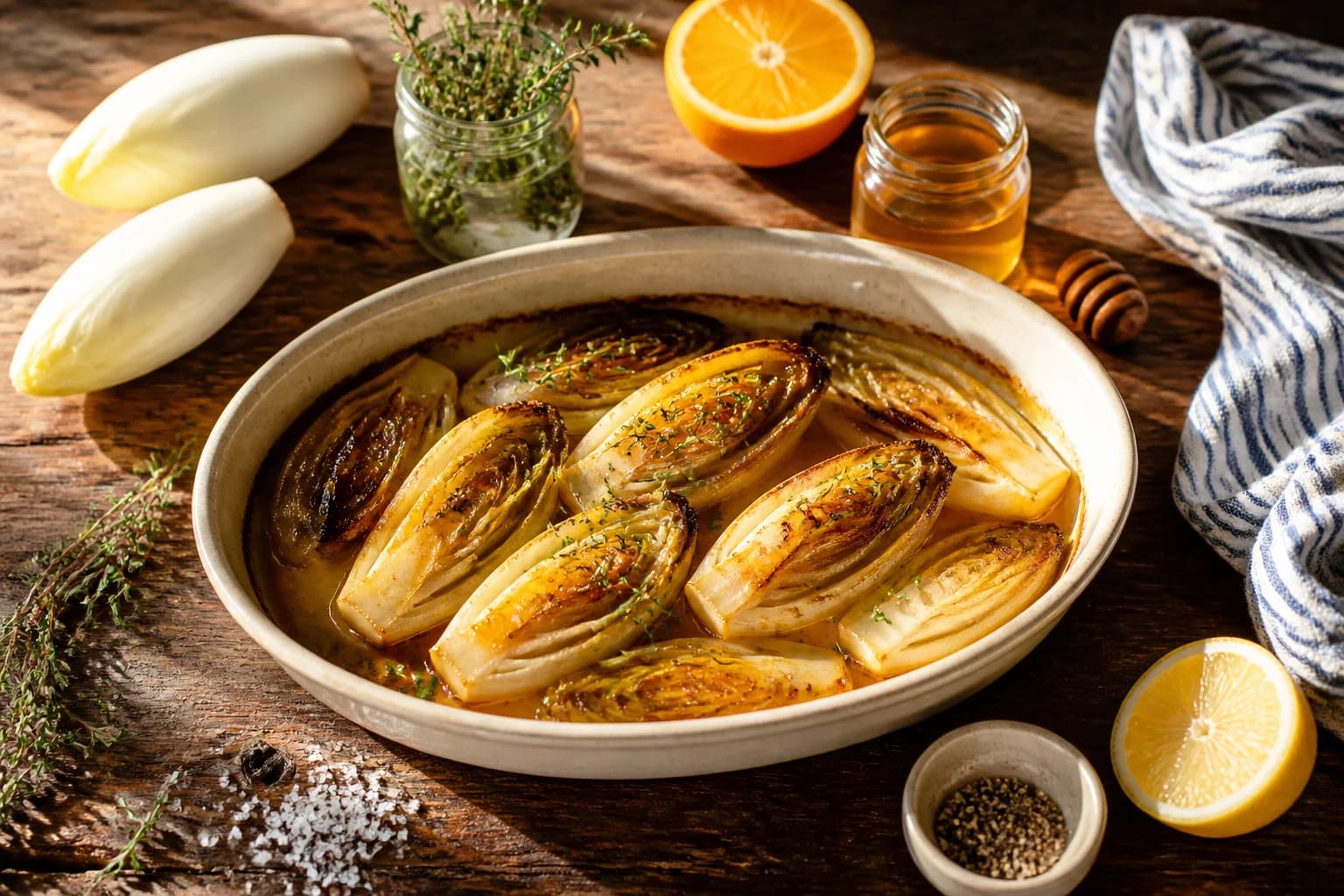 Endives braisées au jus léger d'orange, fondantes et dorées, nappées de leur jus réduit dans un plat de service