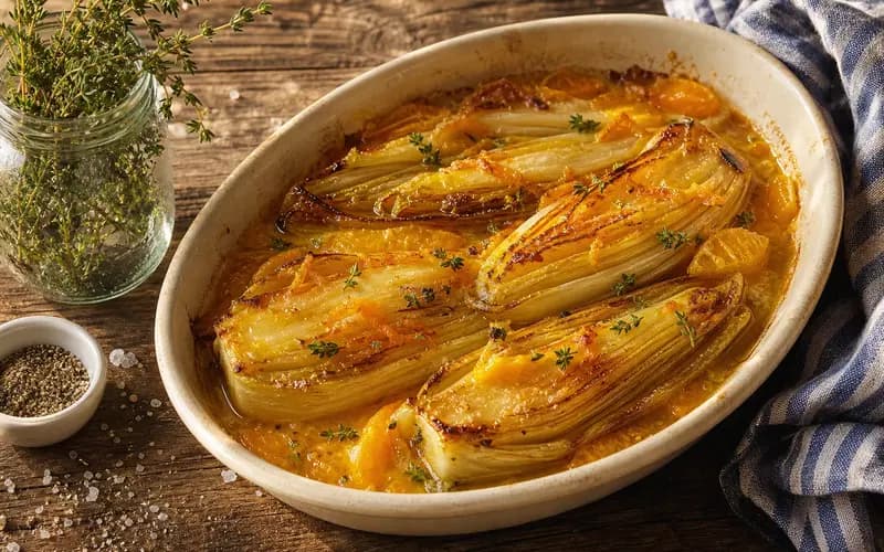 Endives braisées au jus léger nappées d'un jus d'orange brillant dans un plat en céramique, feuilles fondantes et dorées