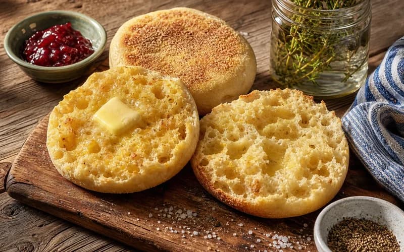 English muffins maison coupés en deux révélant leur mie alvéolée, posés sur torchon en lin naturel