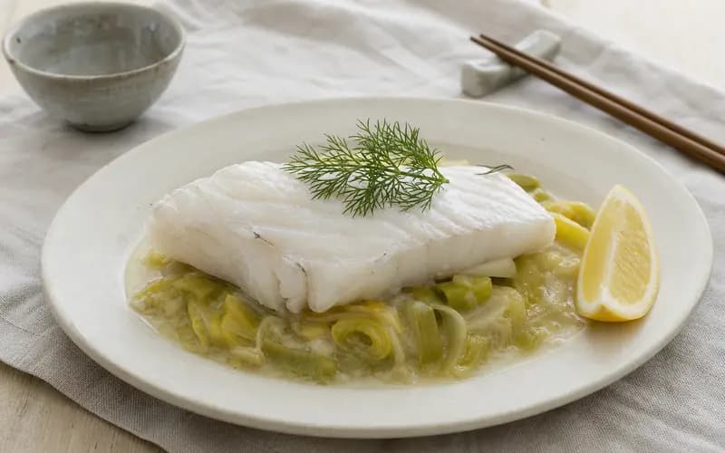 Filet de merlu cuit vapeur posé sur une fondue de poireaux fondante, brin d'aneth et quartier de citron
