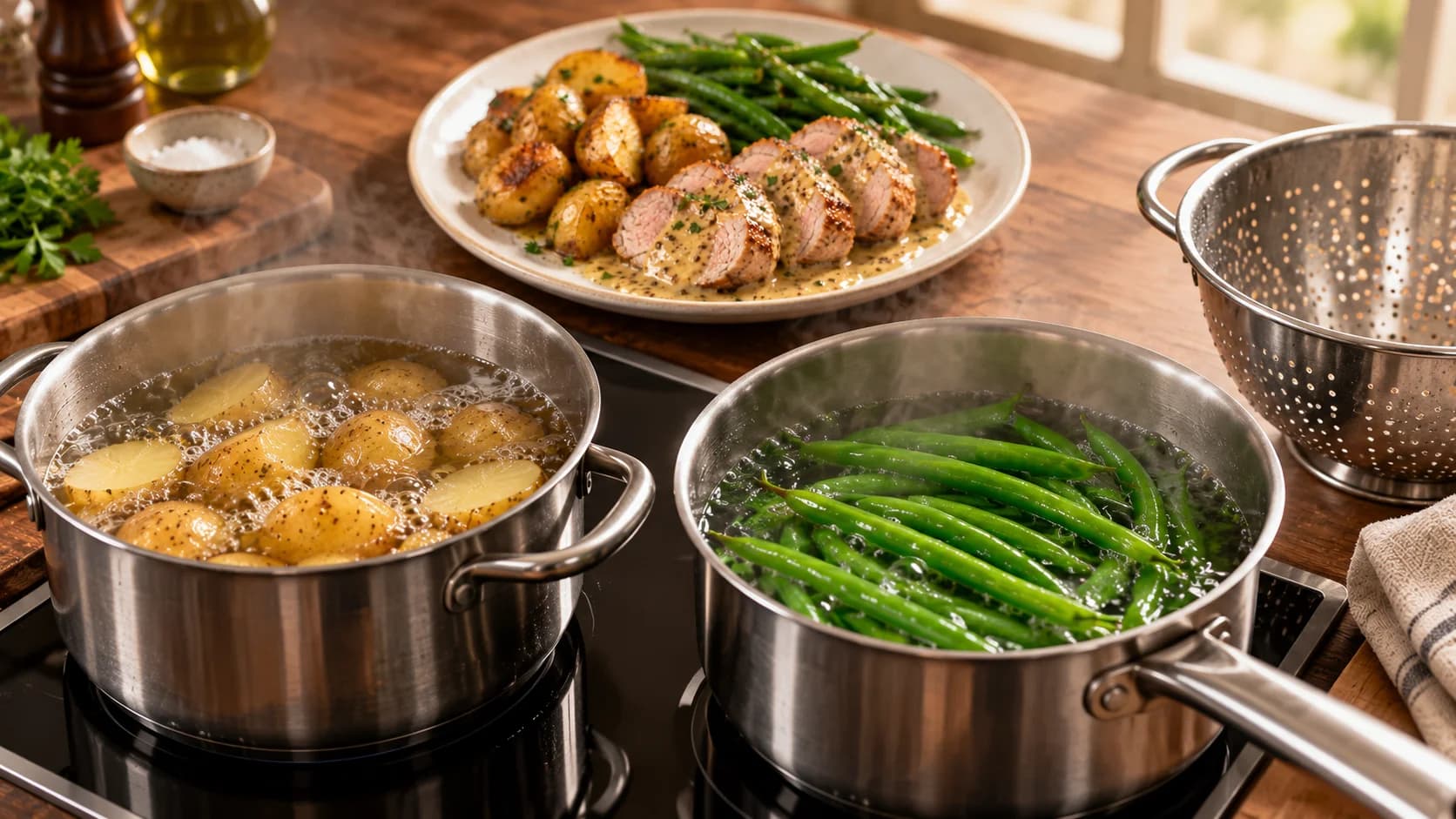 Etape 2 : Cuire les pommes de terre et les haricots verts — Filet mignon de porc moutarde miel léger