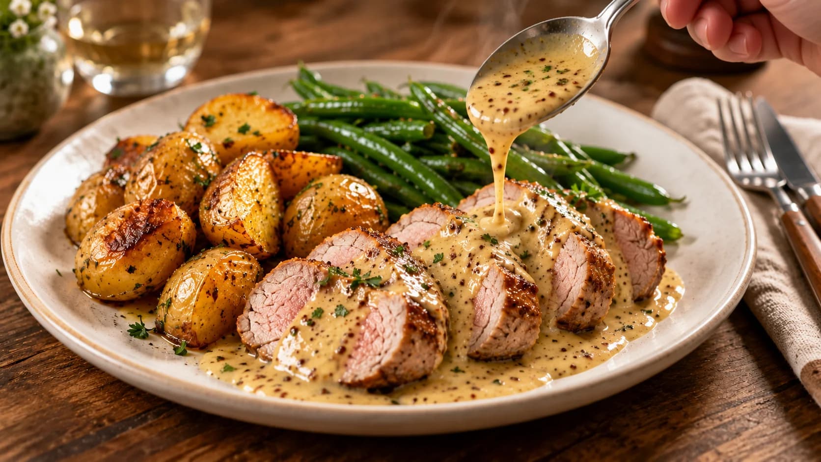 Etape 4 : Lier la sauce et dresser — Filet mignon de porc moutarde miel léger
