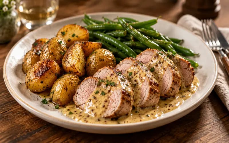 Médaillons de filet mignon de porc nappés de sauce moutarde miel avec pommes de terre et haricots verts