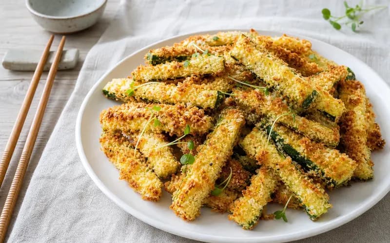 Frites de courgettes au four panées et dorées, croustillantes, dressées dans une assiette blanche