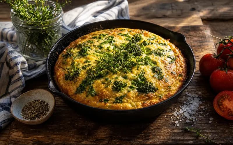 Frittata dorée aux fanes de légumes verts dans une poêle en fonte, surface dorée et légèrement gonflée, visible sur table en bois rustique