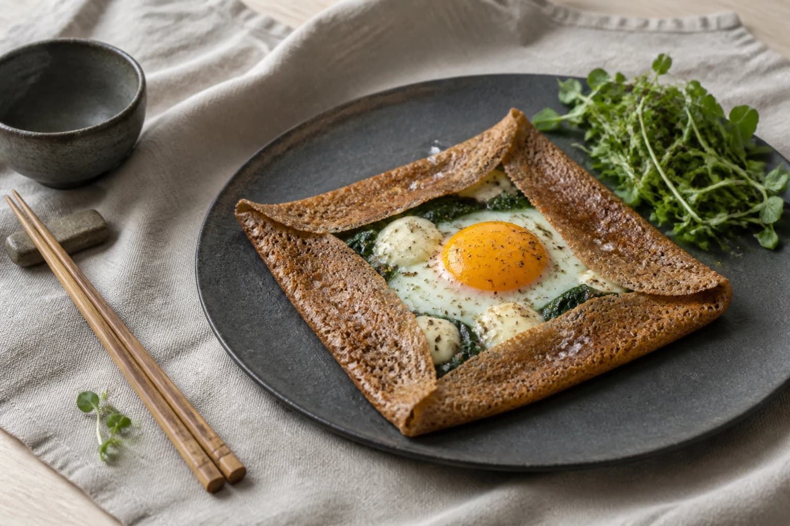 Etape 5 : Finitions et service — Galette de sarrasin oeuf épinards chèvre