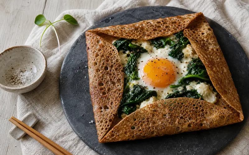 Galette de sarrasin croustillante pliée en carré avec oeuf miroir sur épinards verts brillants et fromage de chèvre fondant, sur assiette en ardoise