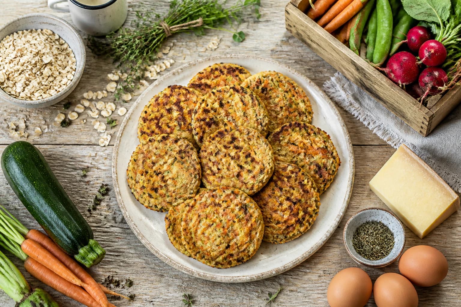 Galettes de flocons d'avoine salées aux légumes dorées à la poêle, entourées de courgette et carotte râpées