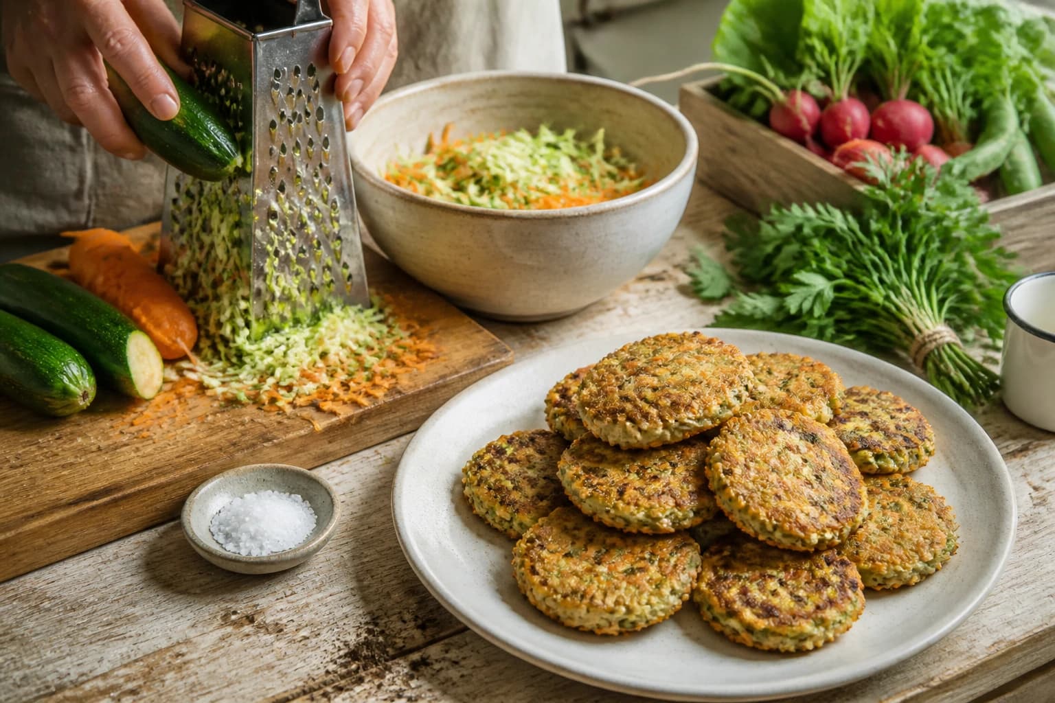 Etape 1 : Râper et dégorger les légumes — Galettes de flocons d'avoine salées aux légumes