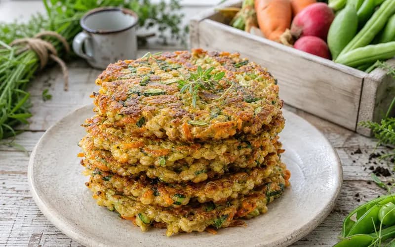 Galettes de flocons d'avoine et légumes dorées empilées dans une assiette, courgette et carotte râpées visibles