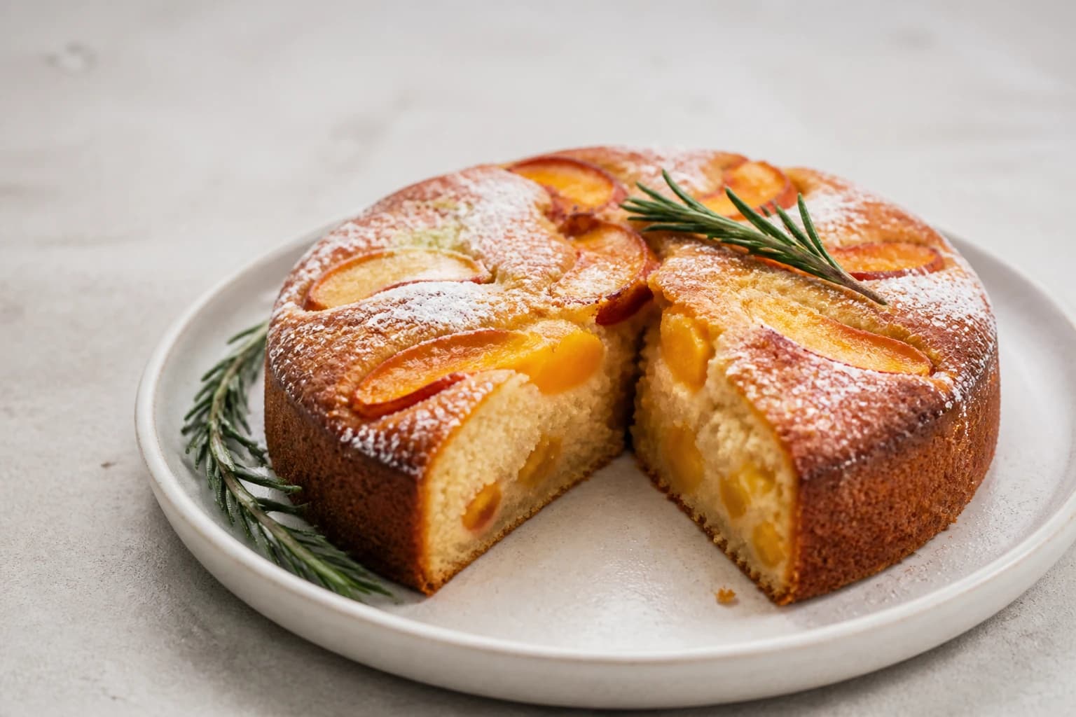Gâteau moelleux pêches & romarin
