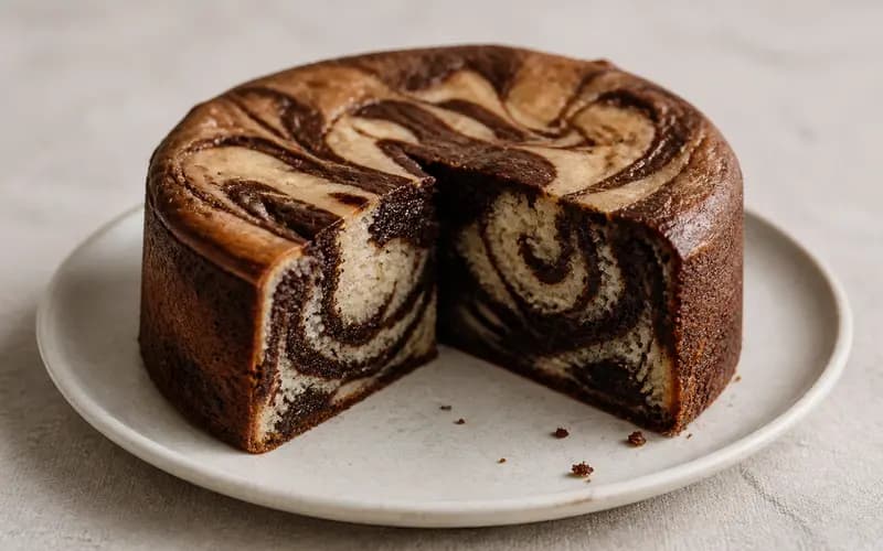 Gâteau marbré chocolat-vanille léger, recette française présentée dans une assiette