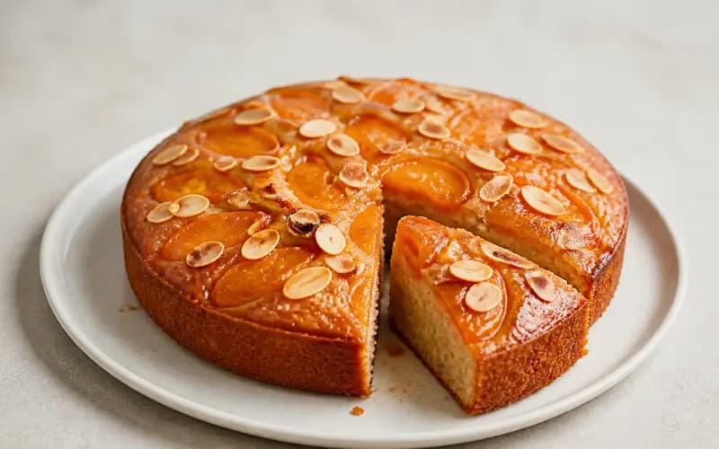 Gâteau moelleux abricots & amandes, recette française présentée dans une assiette