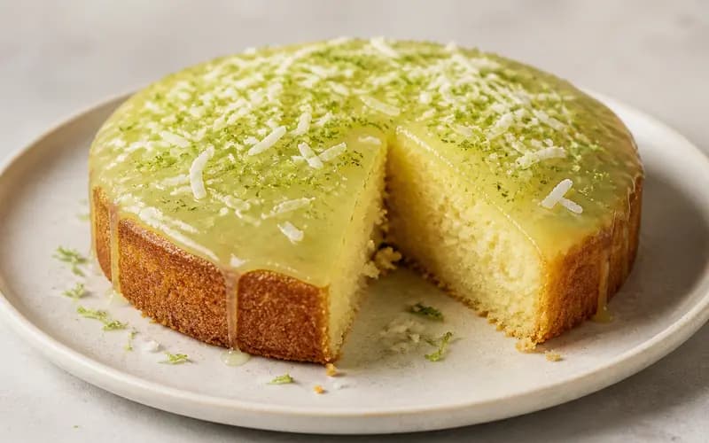 Gâteau coco & citron vert moelleux, recette exotique présentée dans une assiette