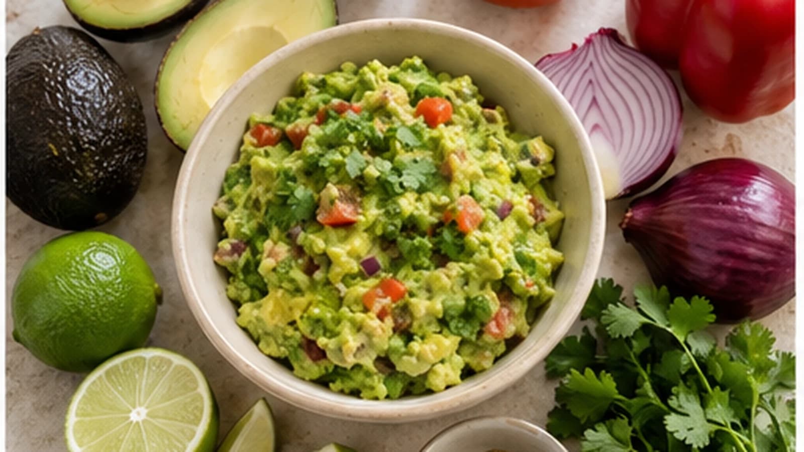 Avocats, tomates, citron vert et coriandre disposés autour du guacamole
