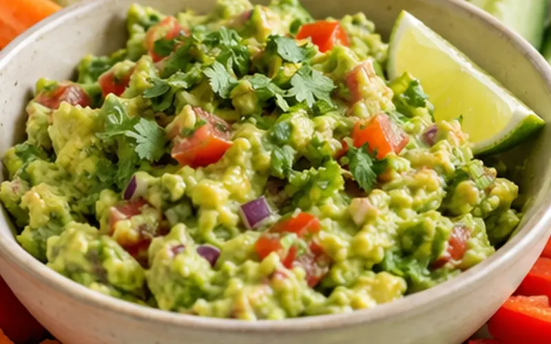 Guacamole léger à l'avocat, citron vert et coriandre dans un bol clair avec des crudités