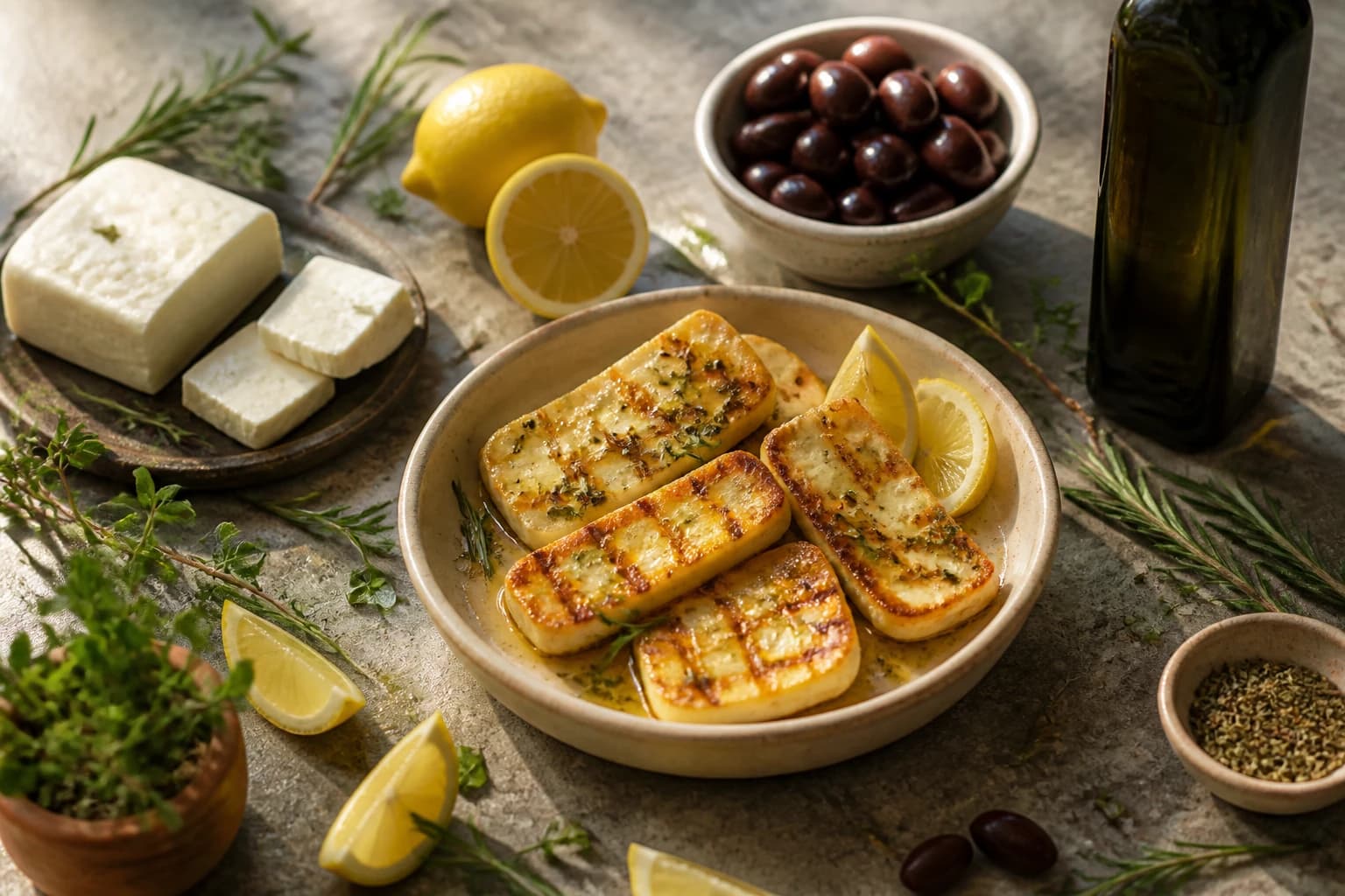 Halloumi grillé doré à la poêle, arrosé de citron, origan et miel, parsemé de menthe fraîche