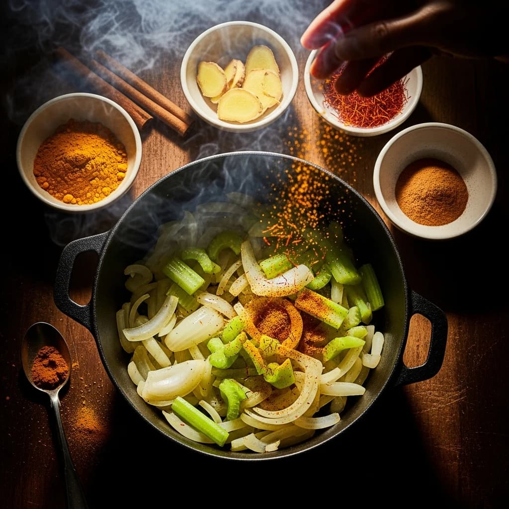 Etape 2 : Faire suer et torréfier les épices marocaines — Harira marocaine légère (210 kcal, 45 min)