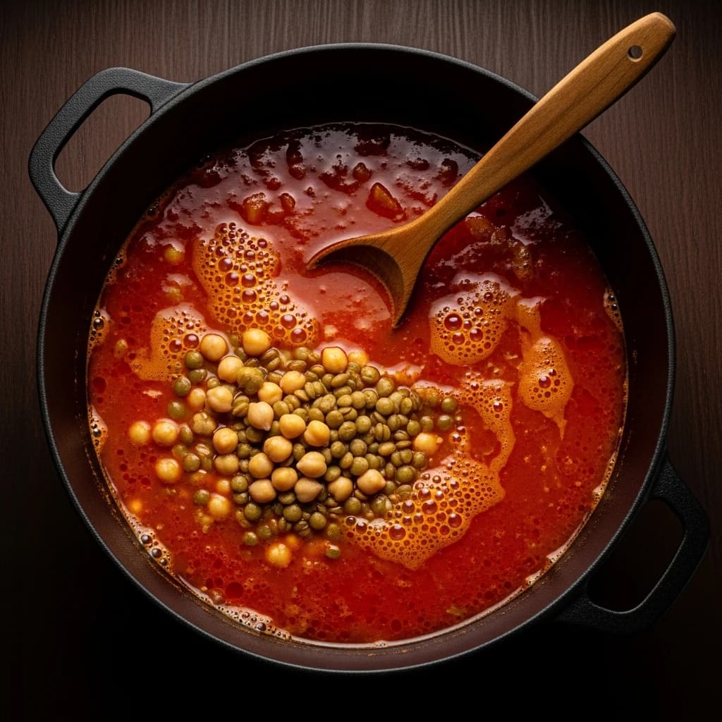 Etape 3 : Mijoter les légumineuses dans le bouillon — Harira marocaine légère (210 kcal, 45 min)