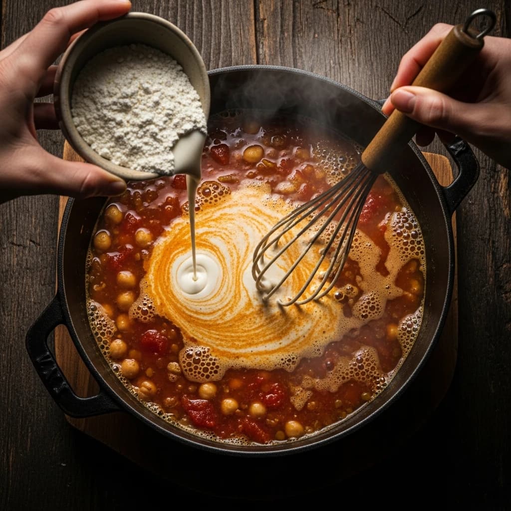 Etape 4 : Lier la harira avec la tadouira — Harira marocaine légère (210 kcal, 45 min)