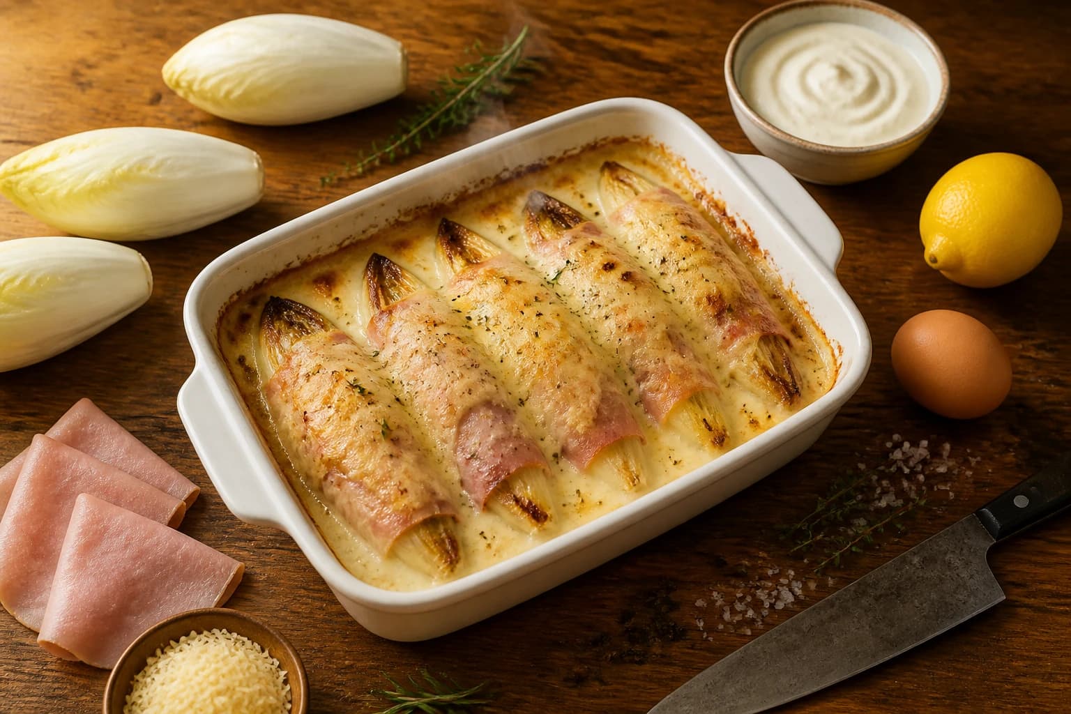 Gratin d'endives au jambon blanc sans béchamel, doré au four avec nappage crémeux au fromage blanc