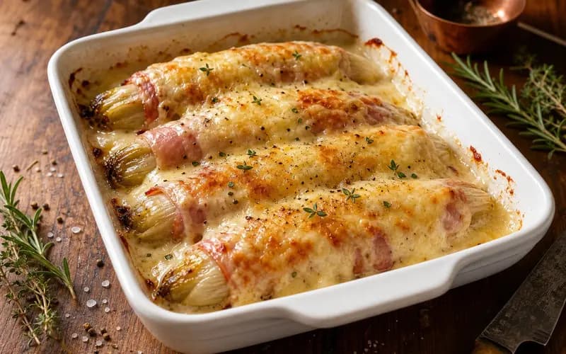 Gratin d'endives au jambon blanc sans béchamel, doré au four, nappage crémeux léger au fromage blanc