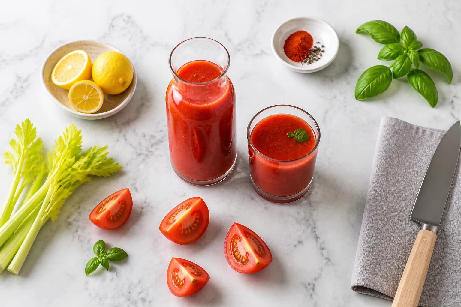 Jus de tomate maison velouté versé dans un verre après filtration à la passoire fine