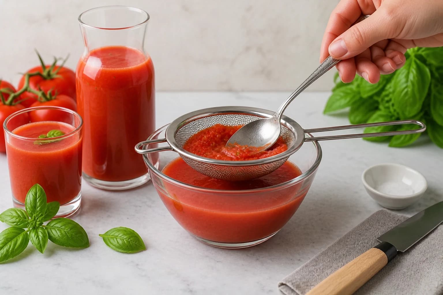 Etape 3 : Filtrer et régler la texture — Jus de tomate maison : 3 gestes clés